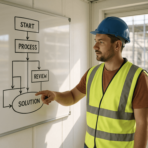 TaskLab CustomBuild concept: Tradesman in high-vis vest pointing at a whiteboard with a project plan diagram