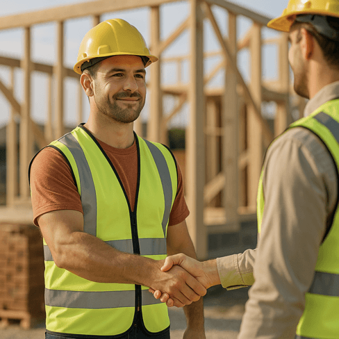 TaskLab CustomBuild concept: Construction site supervisor shaking hands with a new worker on site