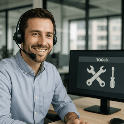 TaskLab CustomBuild concept: Customer support agent wearing a headset, smiling in a modern office