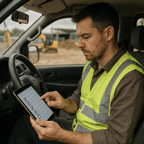 TaskLab CustomBuild concept: Tradie sitting on site reviewing a checklist on a tablet device